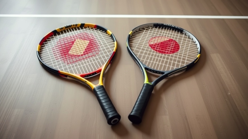 스쿼시 코트 바닥에 나란히 놓인 폐쇄형과 티어드롭 형태의 스쿼시 라켓들이 구조적 차이를 보여주는 장면